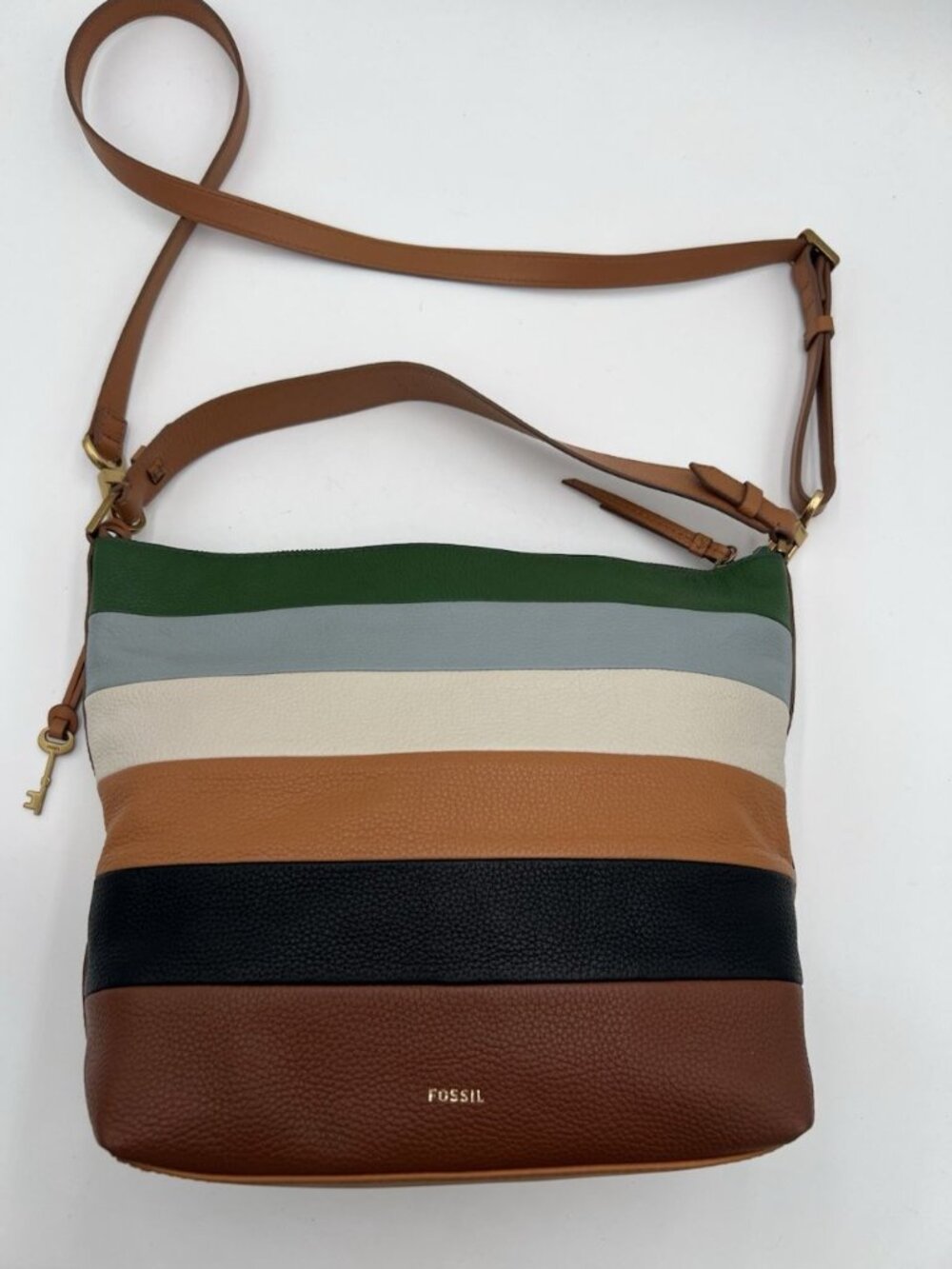Fossil Julianna Hobo Bag Leather Colorblock Strip Shoulder Purse Key Charm EUC